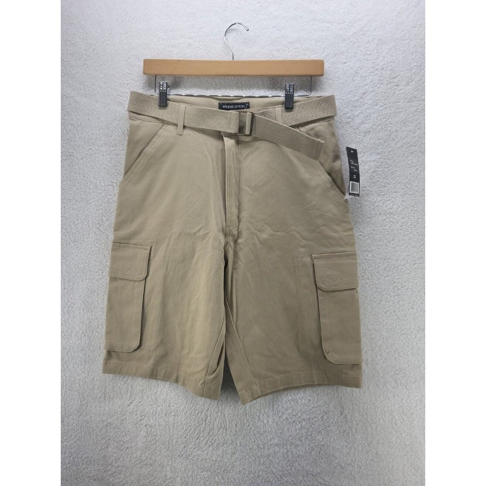 Wicked Stitch Men's 12" Belted Cargo Shorts, Khaki, Size 32 NWT